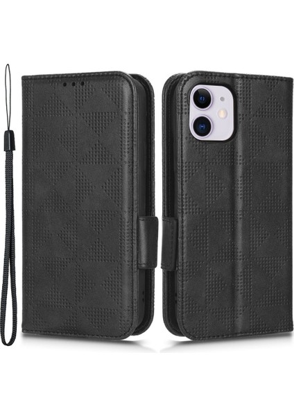 Apple iPhone 12 Mini Telefon Kılıfı Için 5.4 Inç Çok Fonksiyonlu Cüzdan Pu Deri Telefon Kapağı Baskılı Üçgen Desen Anti-Çizgiye Destekleme Stand-Black (Yurt Dışından)