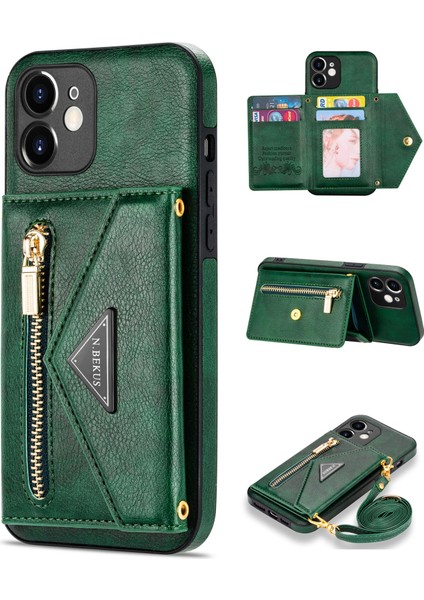 Apple iPhone 12 Mini Telefon Kılıfı Için 5.4 Inç Kickstand Tasarım Cüzdan Anti-Çizelge Damla Damlı Pu Deri+Tpu Mobile, Long Lanyard-Green ile (Yurt Dışından)