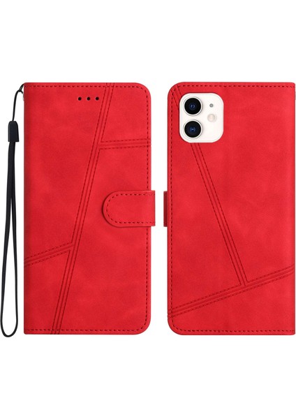 Apple iPhone 12 Mini Telefon Kılıfı 5.4 Inç Cüzdan Tasarımı Cilt Touch Hissed Hissediyor Pu Deri Deri Telefon Kapak Çizgileri Baskılı Flip Stand Kabuğu Korusu (Yurt Dışından)