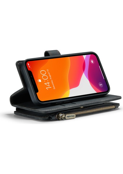 Apple iPhone 12 Mini Telefon Kılıfı Için Birden Çok Kart Yuvası Damla Geçirmez Tam Vücut Koruma Fermuarlı Cüzdan Pu Deri Stand 5.4 Inç-Siyah (Yurt Dışından)