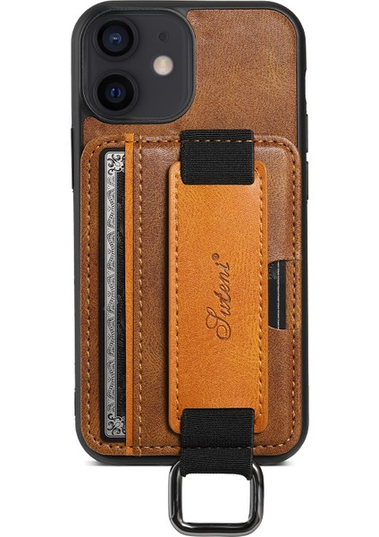 Apple iPhone 12 Mini Telefon Kılıfı H13 5.4 Inç Kart Tutucu Kılıfı Kickstand Deri Kaplamalı Pc+Tpu Telefon Kapak-Kahverengi (Yurt Dışından) modelleri