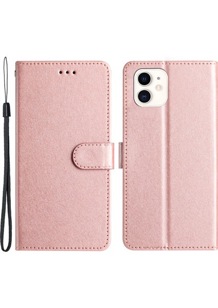 Apple iPhone 12 Mini Telefon Kılıfı Cüzdan Stand Kılıfı 5.4 Inç Ipek Doku Pu Deri Telefon Kapağı Bilek Kayış Rose Altın (Yurt Dışından)
