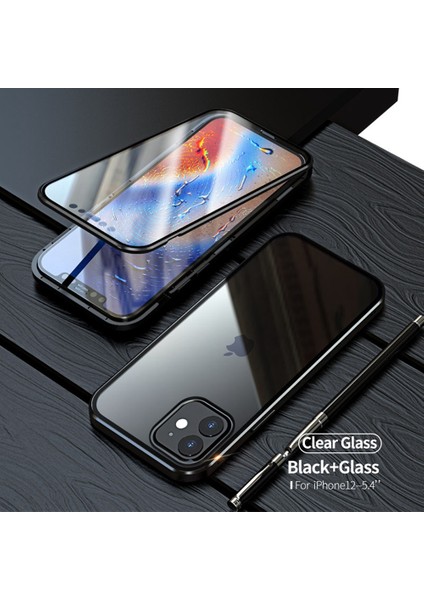 Apple iPhone 12 Mini Telefon Kılıfı Için 5.4 Inç Mutiple Renkler Manyetik Kurulum Metal Kenar+Çift Sandalı Temperli Cam Kapak Black (Yurt Dışından)