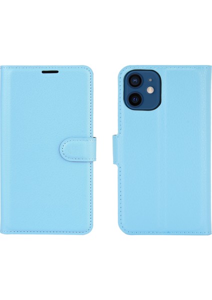 Litchi Doku Cüzdan Stand Deri Telefon Kapağı Apple iPhone 12 Mini Cep Telefon Aksesuarları Mavisi (Yurt Dışından)
