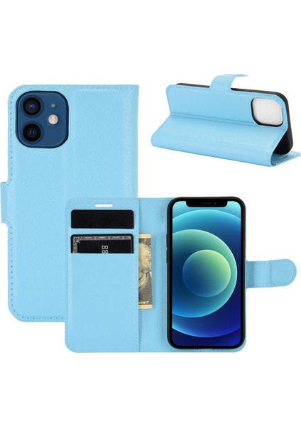 Litchi Doku Cüzdan Stand Deri Telefon Kapağı Apple iPhone 12 Mini Cep Telefon Aksesuarları Mavisi (Yurt Dışından)