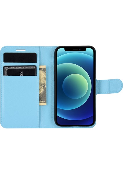 Litchi Doku Cüzdan Stand Deri Telefon Kapağı Apple iPhone 12 Mini Cep Telefon Aksesuarları Mavisi (Yurt Dışından)