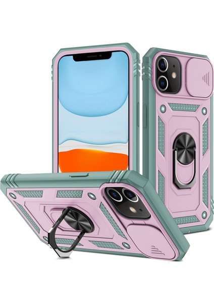 Apple iPhone 12 Telefon Kapağı Halkası Kickstand Sabit Pc Geri+Yumuşak Tpu Etkiye Dayanıklı Tamponlar Koruyucu Kılıf Slayt Kamera Kapağı -Pink/yeşil (Yurt Dışından)