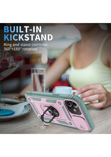 Apple iPhone 12 Telefon Kapağı Halkası Kickstand Sabit Pc Geri+Yumuşak Tpu Etkiye Dayanıklı Tamponlar Koruyucu Kılıf Slayt Kamera Kapağı -Pink/yeşil (Yurt Dışından)