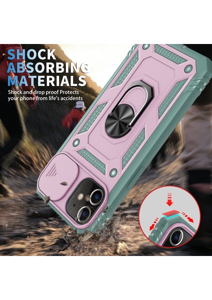 Apple iPhone 12 Telefon Kapağı Halkası Kickstand Sabit Pc Geri+Yumuşak Tpu Etkiye Dayanıklı Tamponlar Koruyucu Kılıf Slayt Kamera Kapağı -Pink/yeşil (Yurt Dışından)