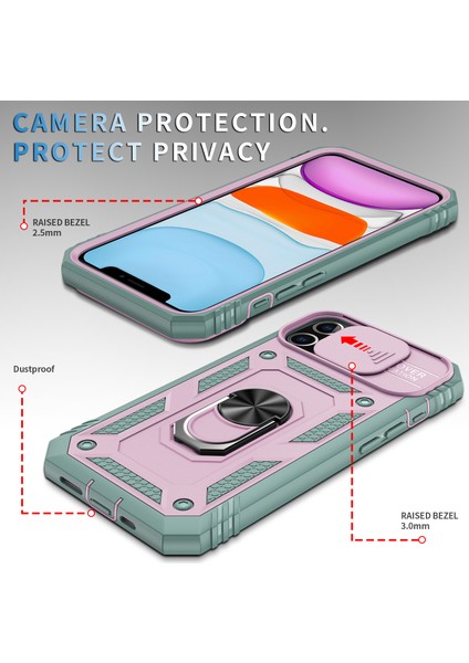 Apple iPhone 12 Telefon Kapağı Halkası Kickstand Sabit Pc Geri+Yumuşak Tpu Etkiye Dayanıklı Tamponlar Koruyucu Kılıf Slayt Kamera Kapağı -Pink/yeşil (Yurt Dışından)