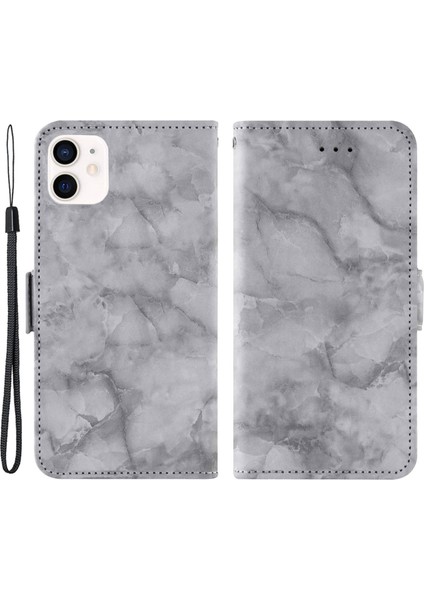 Apple iPhone 12 Mini Telefon Kılıfı Için 5.4 Inç Mermer Desen Çift Manyetik Toka Şok Geçirmez Pu Deri Derme Flip Cüzdan Kapak-Grey (Yurt Dışından)