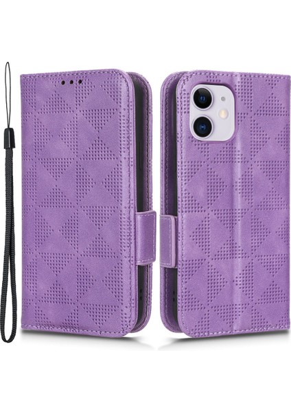 Apple iPhone 12 Mini Telefon Kılıfı 5.4 Inç Çok Fonksiyonlu Pu Deri Telefon Kapağı Baskılı Üçgen Desen Anti-Çizgiye Destekleme Destekli Stand-Murple (Yurt Dışından)