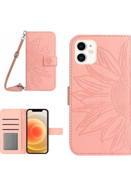 Apple iPhone 12 Mini Telefon Kılıfı 5.4 Inç HT04 Baskılı Ayçiçeği Pu Deri Deri Touch Manyetik Kapatma Cüzdan Stand Kapağı Omuz Kayışı Işık Pembe (Yurt Dışından)