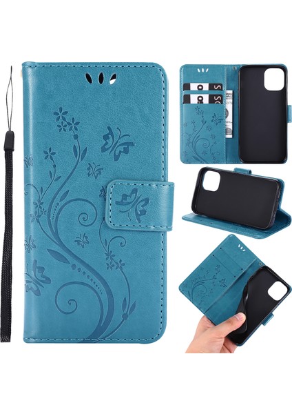 Apple iPhone 12 Mini-Blue Için Kayışlı Kelebek Çiçek Deri Çantası (Yurt Dışından)