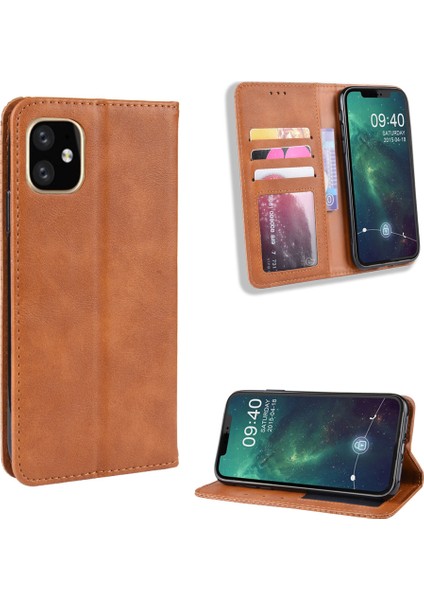 Apple iPhone 12 Mini Brown Için Otomatik Emilmiş Retro Pu Deri Kapak (Yurt Dışından)