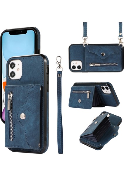 Apple iPhone 12 Mini Telefon Kılıfı Için 5.4 Inç Rfıd Blooking Kart Çantası Anti-Drop Kickstand Pu Deri+Tpu Kapak-Mavi (Yurt Dışından)