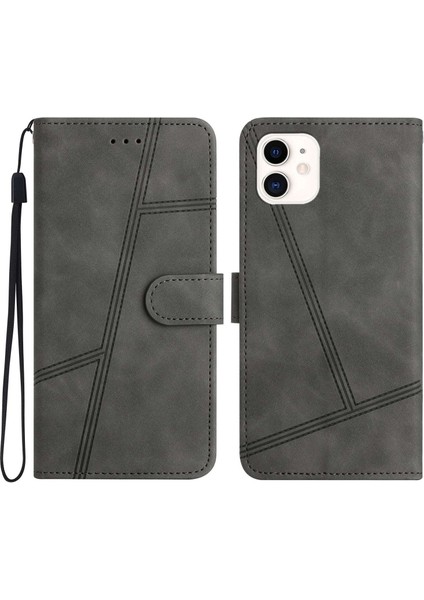 Apple iPhone 12 Mini Telefon Kılıfı 5.4 Inç Cüzdan Tasarımı Cilt Touch Hissed Hissediyor Pu Deri Deri Telefon Kapak Çizgileri Baskılı Flip Stand Kabuğu Case-Grey (Yurt Dışından)