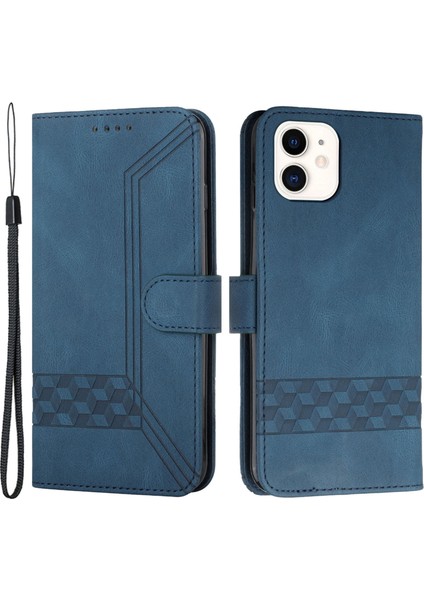 Apple iPhone 12 Mini Telefon Kılıfı YX0010 Baskı Rhombus Hatları Her Şey Dahil Koruma Standı Deri Cüzdan Kapağı 5.4 Inç Royal Mavi (Yurt Dışından)