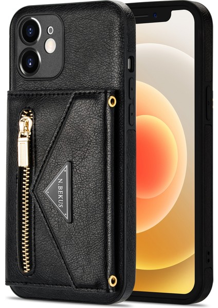 Apple iPhone 12 Mini Telefon Kılıfı Için 5.4 Inç Kickstand Tasarım Cüzdan Anti-Çizgiye Damla Damla Koşullu Pu Deri+Tpu Mobile Long Lanyard-Black (Yurt Dışından) fiyatları