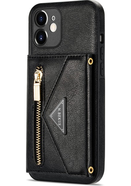 Apple iPhone 12 Mini Telefon Kılıfı Için 5.4 Inç Kickstand Tasarım Cüzdan Anti-Çizgiye Damla Damla Koşullu Pu Deri+Tpu Mobile Long Lanyard-Black (Yurt Dışından) modelleri