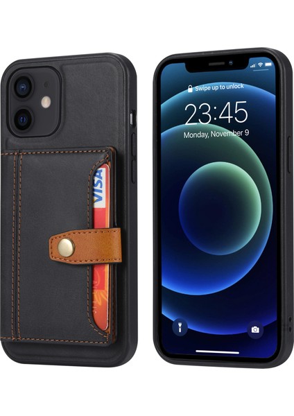 Pu Deri Kaplamalı Tpu Kılıfı [kart Yuvaları] [kickstand] Apple iPhone 12 Mini Cover-Black Için (Yurt Dışından)