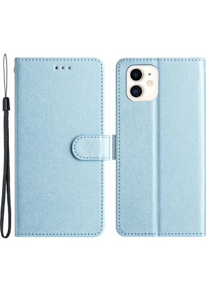 Apple iPhone 12 Mini Telefon Kılıfı Için Cüzdan Stand Kılıfı 5.4 Inç Ipek Doku Pu Deri Telefon Kapağı Bilek Kayış Mavisi (Yurt Dışından)