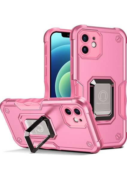 Ring Kickstand Çok Katmanlı Koruma Hibrit Sert Pc+Yumuşak Tpu Cep Telefon Kılıfı Apple iPhone 12-Pink Için (Yurt Dışından)