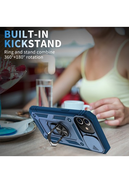 Apple iPhone 12 Telefon Kapağı Halkası Kickstand Hard Pc Back+Yumuşak Tpu Etkiye Dayanıklı Tamponlar Slayt Kamera Kapağı ile Koruyucu Kılıf -Sapphire/safir (Yurt Dışından) fiyatları