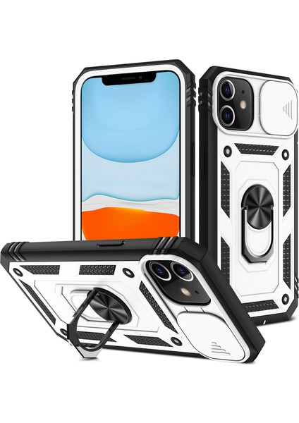 Apple iPhone 12 Telefon Kapağı Halkası Kickstand Hard Pc Geri+Yumuşak Tpu Etkiye Dayanıklı Tamponlar Koruyucu Kılıf Slayt Kamera Kapağı -Beyaz/siyah (Yurt Dışından)