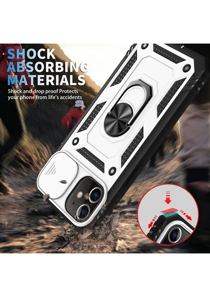 Apple iPhone 12 Telefon Kapağı Halkası Kickstand Hard Pc Geri+Yumuşak Tpu Etkiye Dayanıklı Tamponlar Koruyucu Kılıf Slayt Kamera Kapağı -Beyaz/siyah (Yurt Dışından) modelleri