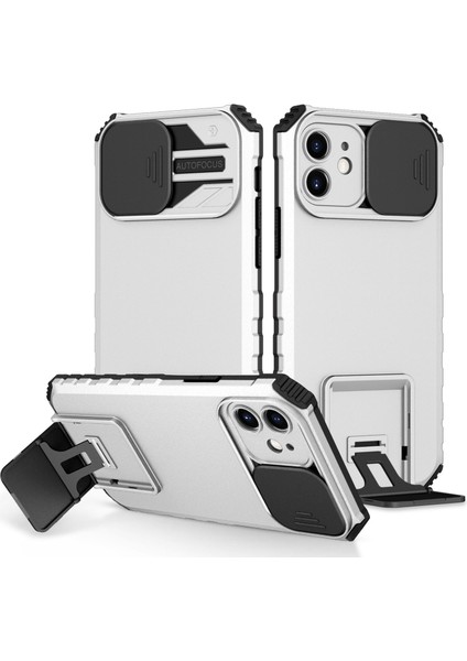 Apple iPhone 12 Telefon Kapağı Için Ayarlanabilir Dikey Kickstand Telefon Kılıf Anti Drop Pc+Tpu Kamera Kaydırıcısı Korumalı-Beyaz (Yurt Dışından)