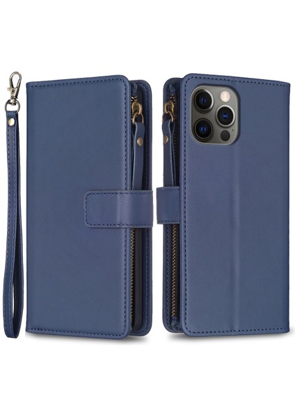 Apple iPhone 12/12 Pro Için Pro -Clatch Anti Deri Kılıf Fermuarı Cep Stand Telefon Cüzdan Kapağı - Mavi (Yurt Dışından)