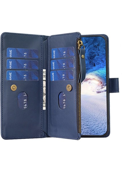 Apple iPhone 12/12 Pro Için Pro -Clatch Anti Deri Kılıf Fermuarı Cep Stand Telefon Cüzdan Kapağı - Mavi (Yurt Dışından)