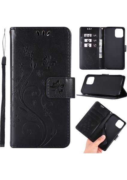 Apple iPhone 12 Pro/12-Black Için Cüzdanlı Kelebek Çiçek Deri Kapağı (Yurt Dışından)