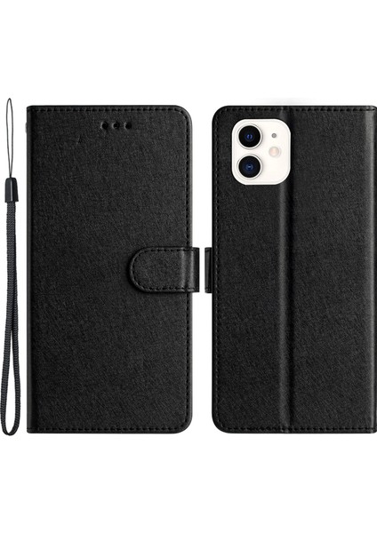 Apple iPhone 12 Mini Telefon Kılıfı Cüzdan Stand Kılıfı 5.4 Inç Ipek Doku Pu Deri Telefon Kapağı Bilek Kayış-Siyah (Yurt Dışından)