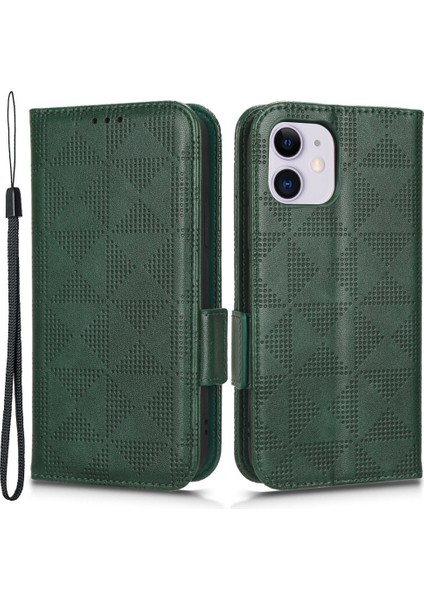 Apple iPhone 12 Mini Telefon Kılıfı Için 5.4 Inç Çok Fonksiyonlu Pu Deri Telefon Kapağı Baskılı Üçgen Desen Anti-Çizgiye Destekleme Destekleyici Stand Yeşili ile (Yurt Dışından)