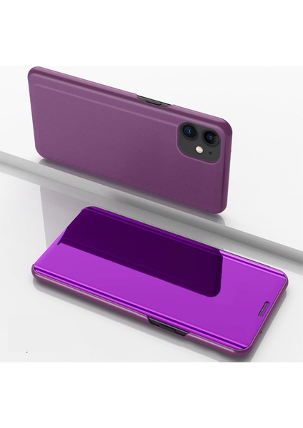 Apple iPhone 12 Telefon Kapağı Kaplamalı Ayna Yüzeyi Destekleme Deri Koruma Kılıfı Cep Telefon Aksesuarı -Purple (Yurt Dışından)