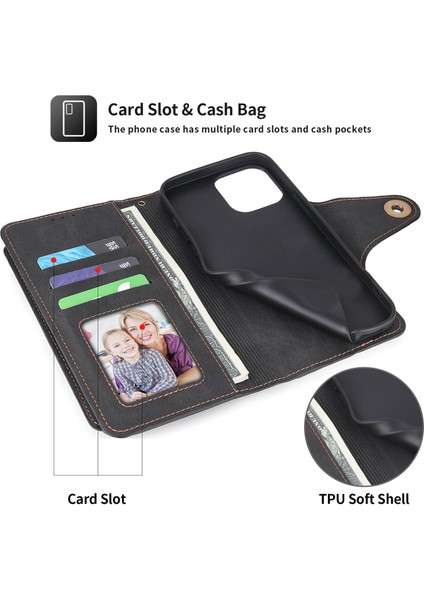 Apple iPhone 12/12 Pro Telefon Kapağı 010 Tam Koruma Pu Deri Telefon Kılıfı 9 Cüzdan Stand ve Bilek Kayışı Toka Kapağı Kapak Black ile Kart Yuvaları Tasarım (Yurt Dışından)