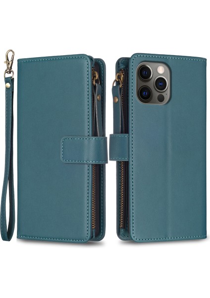 Apple iPhone 12/12 Pro Için Pro Deri Anti Deri Kılıf Zipper Cep Stand Telefon Cüzdan Kapağı - Yeşil (Yurt Dışından)