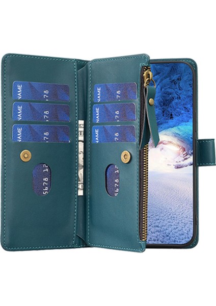 Apple iPhone 12/12 Pro Için Pro Deri Anti Deri Kılıf Zipper Cep Stand Telefon Cüzdan Kapağı - Yeşil (Yurt Dışından)