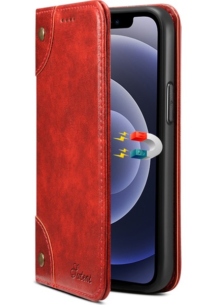 Apple iPhone 12 Mini Telefon Kılıfı Için Manyetik Otomatik Kapatma Pu Deri Kılıf Stand Şok Geçirmez Tpu Iç Kabuk Telefon Kapağı 5.4 Inç-Kırmızı (Yurt Dışından)