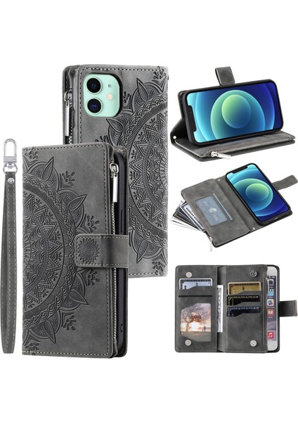 Apple iPhone 12 Mini Telefon Kılıfı Için 5.4 Inç Telefon Stand Kapağı Çoklu Kart Yuvaları Pu Deri Cüzdan Fermuar Cep Mandala Çiçeği Baskılı Grey (Yurt Dışından)