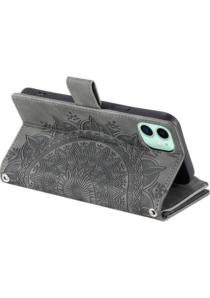 Apple iPhone 12 Mini Telefon Kılıfı Için 5.4 Inç Telefon Stand Kapağı Çoklu Kart Yuvaları Pu Deri Cüzdan Fermuar Cep Mandala Çiçeği Baskılı Grey (Yurt Dışından)