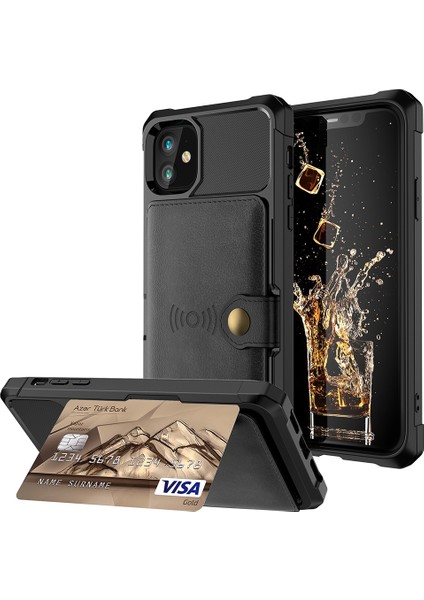 Apple iPhone 12 Mini Telefon Kılıfı Kickstand Deri Kaplamalı Tpu Koruyucu Kapak Kart Tutucu [dahili Manyetik Sayfa] -Black (Yurt Dışından)