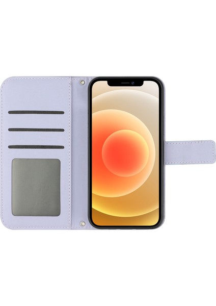 Apple iPhone 12 Mini Telefon Kılıfı 5.4 Inç HT04 Baskılı Ayçiçeği Pu Deri Deri Touch Manyetik Kapatma Cüzdan Stand Kapağı Omuz Kayışı Işığı Mor (Yurt Dışından)