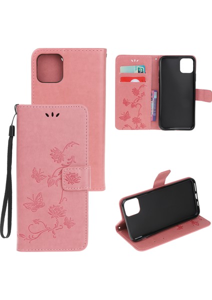 Apple iPhone 12 Mini-Pink Için Kelebek Çiçek Cüzdan Deri Koruyucu Kılıf (Yurt Dışından)