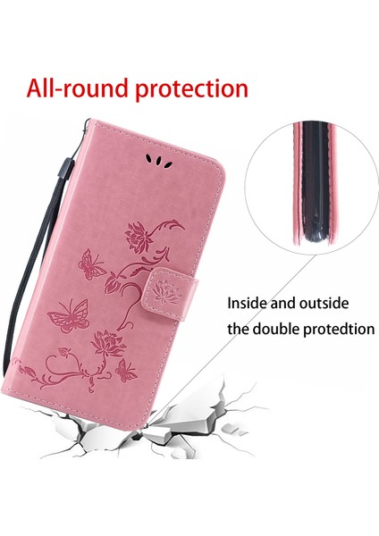 Apple iPhone 12 Mini-Pink Için Kelebek Çiçek Cüzdan Deri Koruyucu Kılıf (Yurt Dışından)