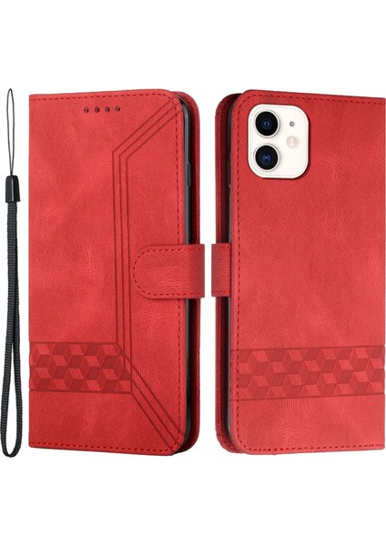 Apple iPhone 12 Mini Telefon Kılıfı YX0010 Baskı Rhombus Hatları Her Şey Dahil Koruma Standı Deri Cüzdan Kapağı 5.4 Inç-Kırmızı (Yurt Dışından)