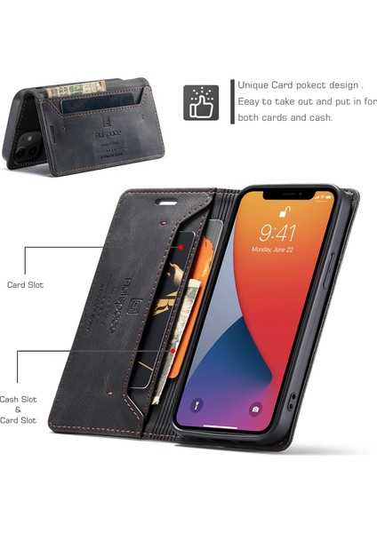 Rfıd Koruma Retro Mat Cüzdan Deri Kabuğu Apple iPhone 12 Mini 5.4 Inç-Black (Yurt Dışından)