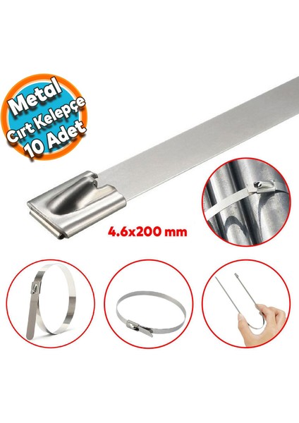 Cırt Kelepçe Metal Paslanmaz Çelik Kablo Zip Bağı Çok Amaçlı Bağlama 4.6X200 10 Adet